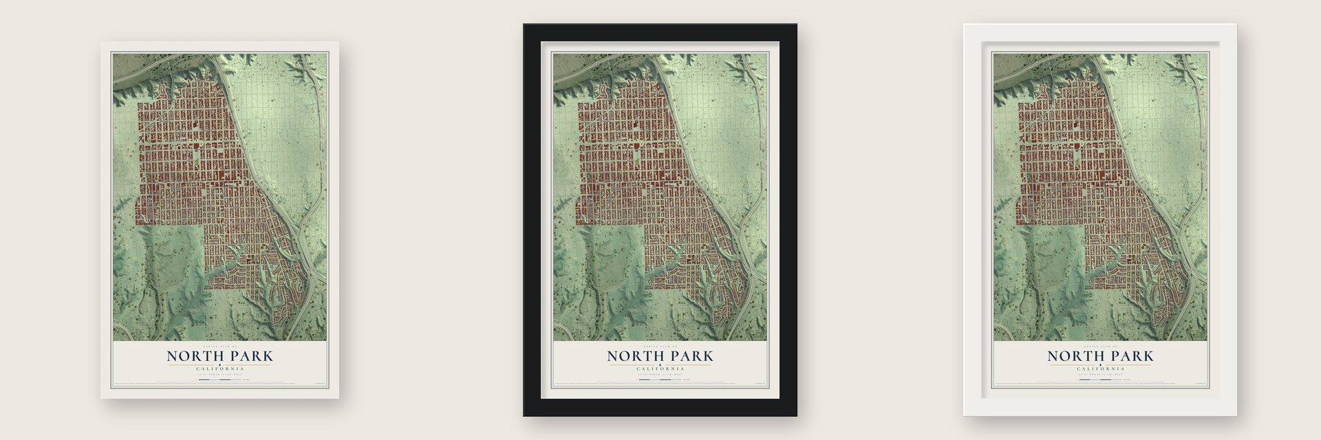 North Park, California map unframed, in a black wood frame and in a white wood frame