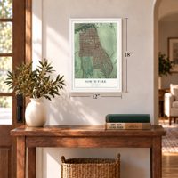 North Park, California map, 12 x 18 inch print in a white frame in an entryway