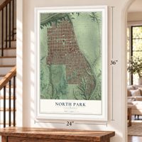 North Park, California map, 24 x 36 inch print in a white frame by a staircase