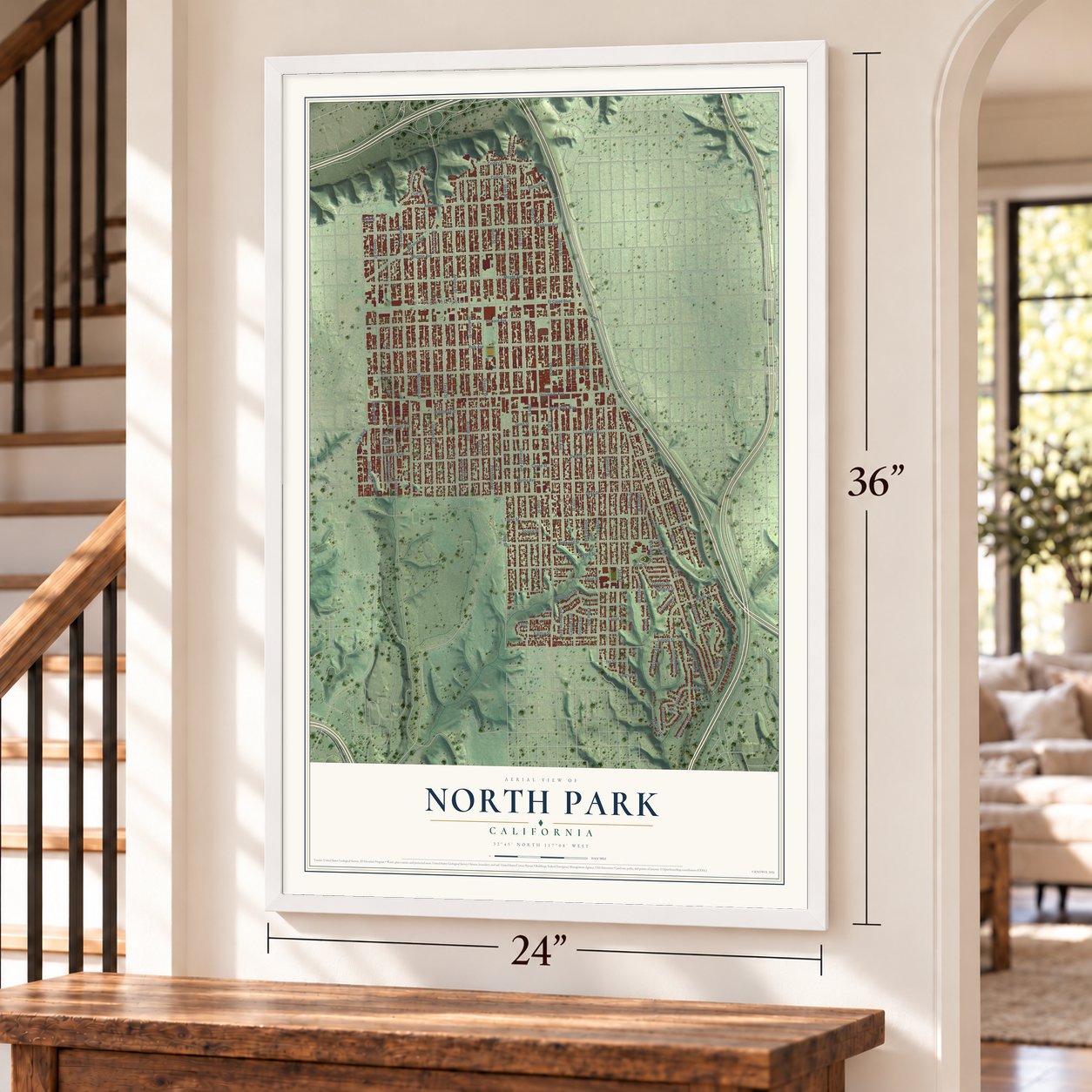 North Park, California map, 24 x 36 inch print in a white frame by a staircase