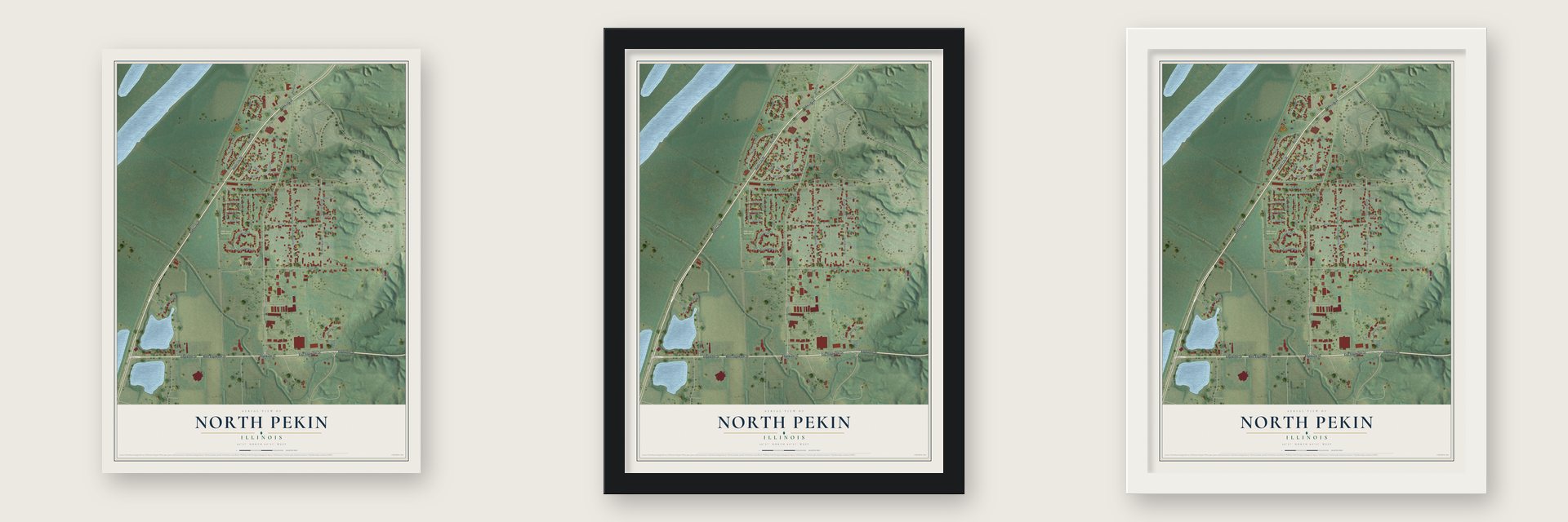 North Pekin, Illinois map unframed, in a black wood frame and in a white wood frame