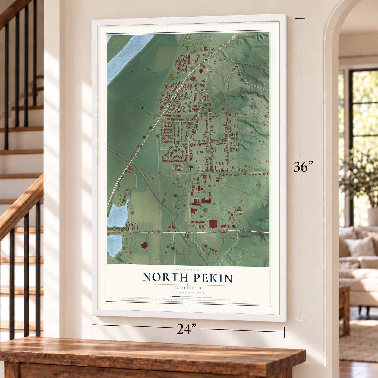 North Pekin, Illinois map, 24 x 36 inch print in a white frame by a staircase