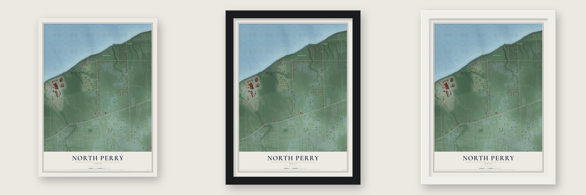 North Perry, Ohio map unframed, in a black wood frame and in a white wood frame