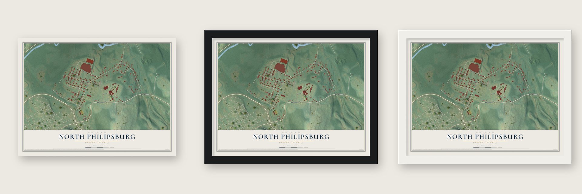 North Philipsburg, Pennsylvania map unframed, in a black wood frame and in a white wood frame