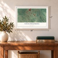 North Philipsburg, Pennsylvania map, 12 x 18 inch print in a white frame in an entryway