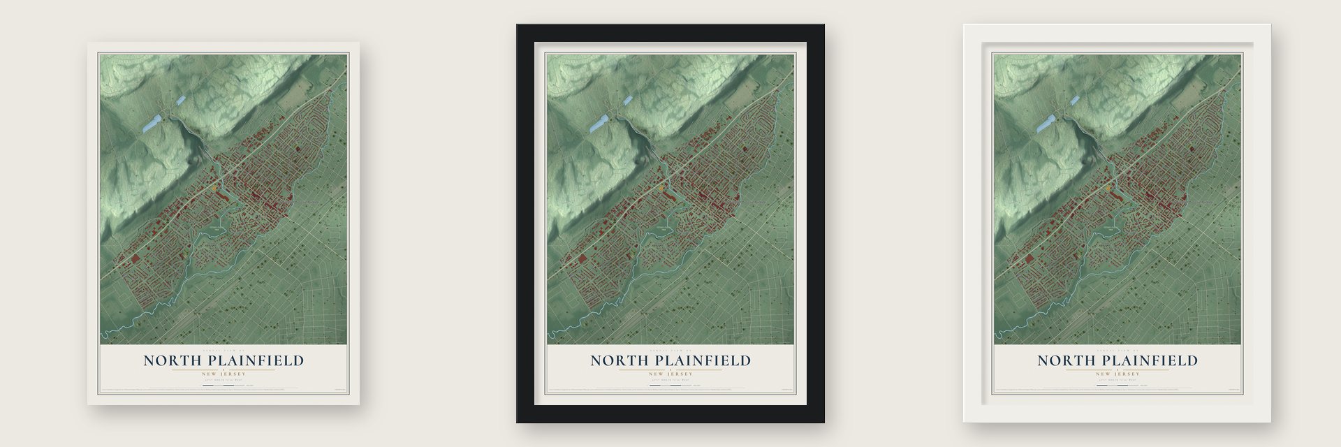 North Plainfield, New Jersey map unframed, in a black wood frame and in a white wood frame
