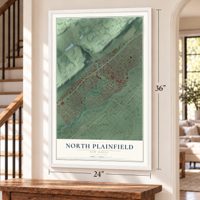 North Plainfield, New Jersey map, 24 x 36 inch print in a white frame by a staircase
