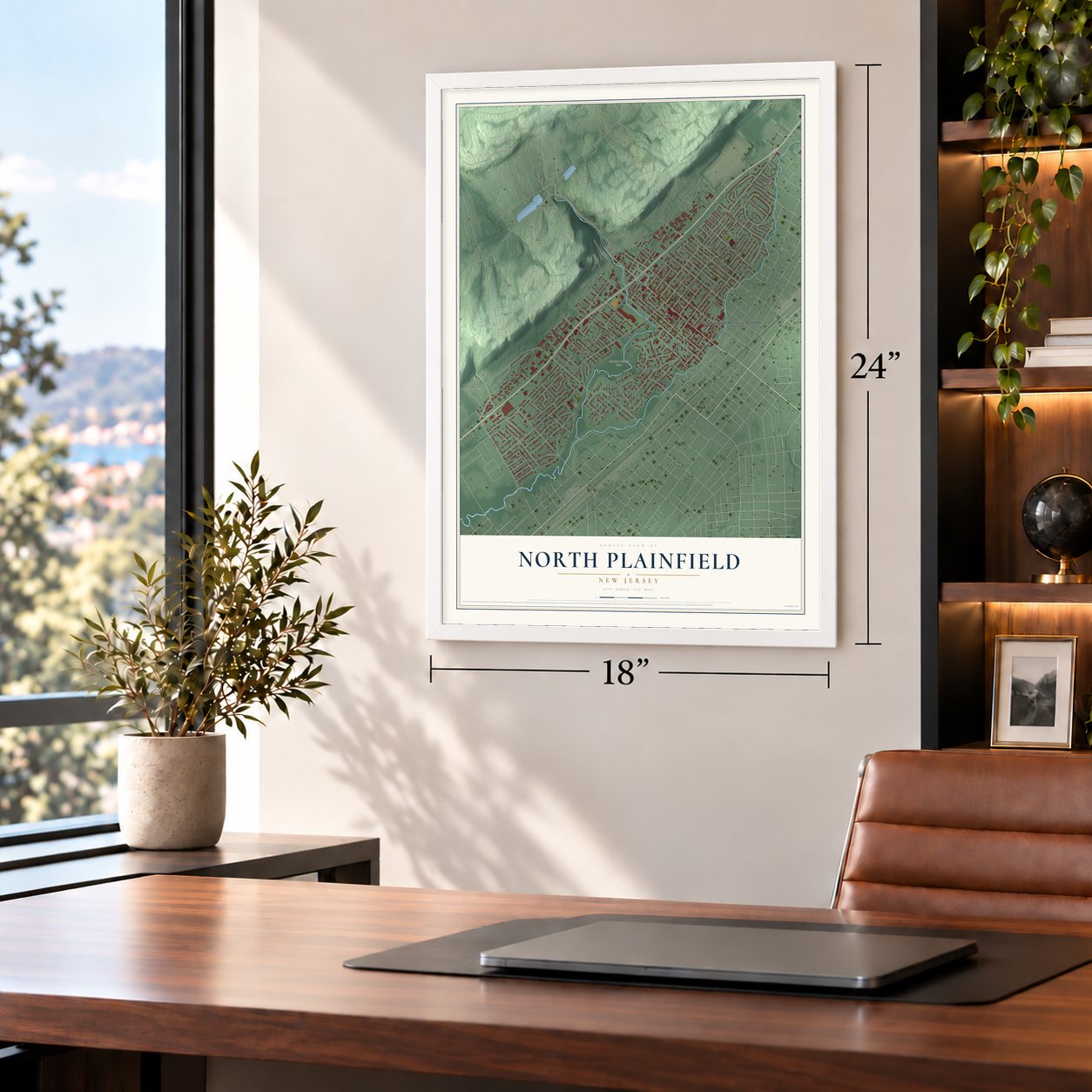 North Plainfield, New Jersey map, 18 x 24 inch print in a white frame in a home office