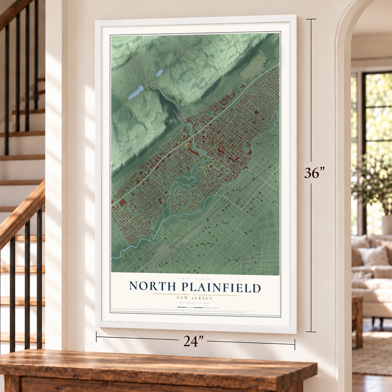 North Plainfield, New Jersey map, 24 x 36 inch print in a white frame by a staircase