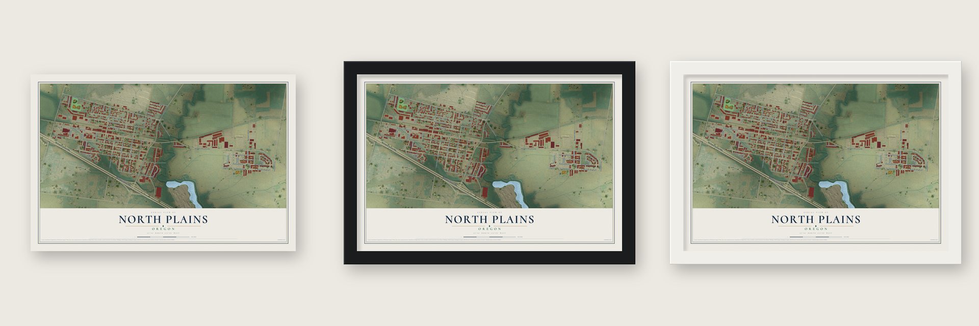 North Plains, Oregon map unframed, in a black wood frame and in a white wood frame