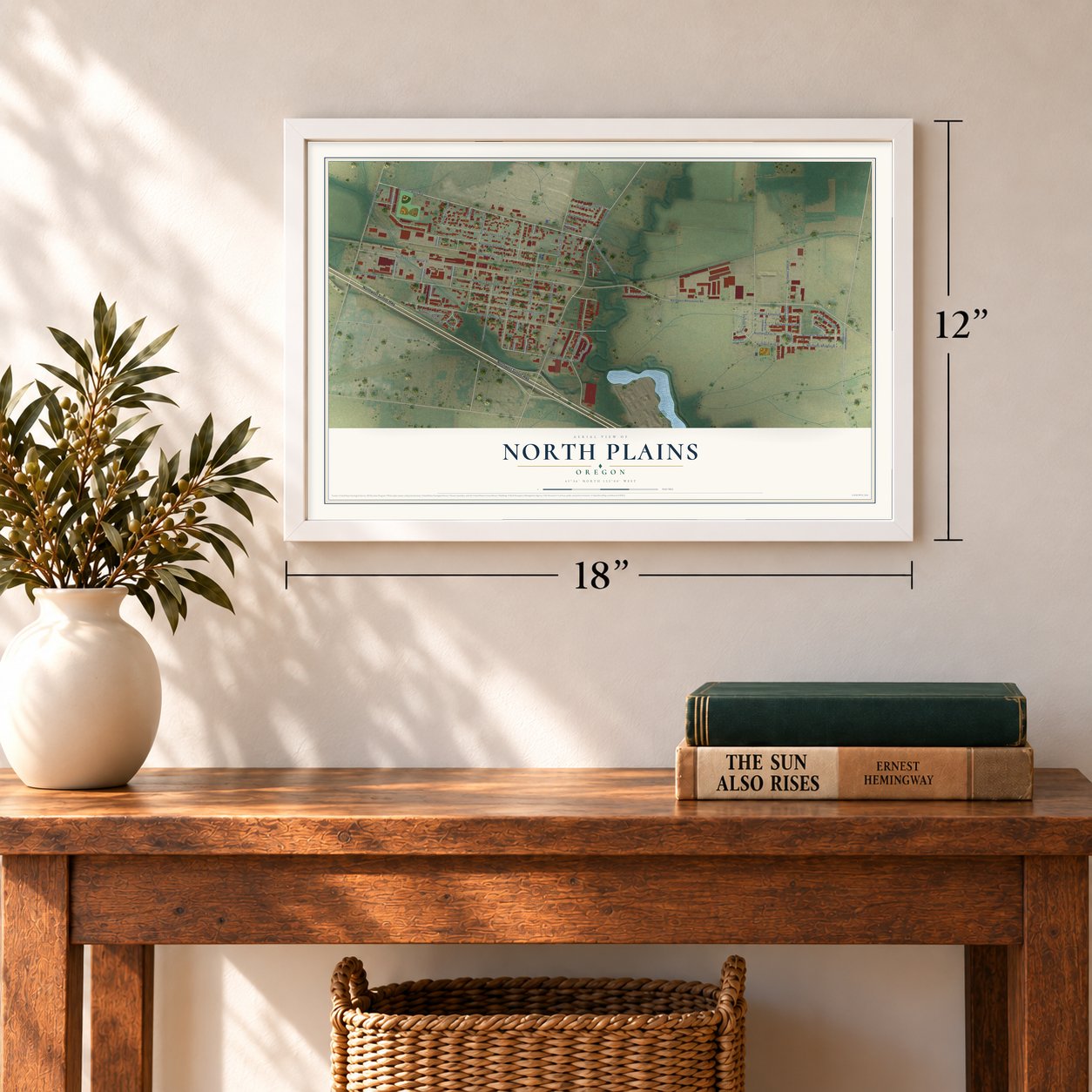 North Plains, Oregon map, 12 x 18 inch print in a white frame in an entryway