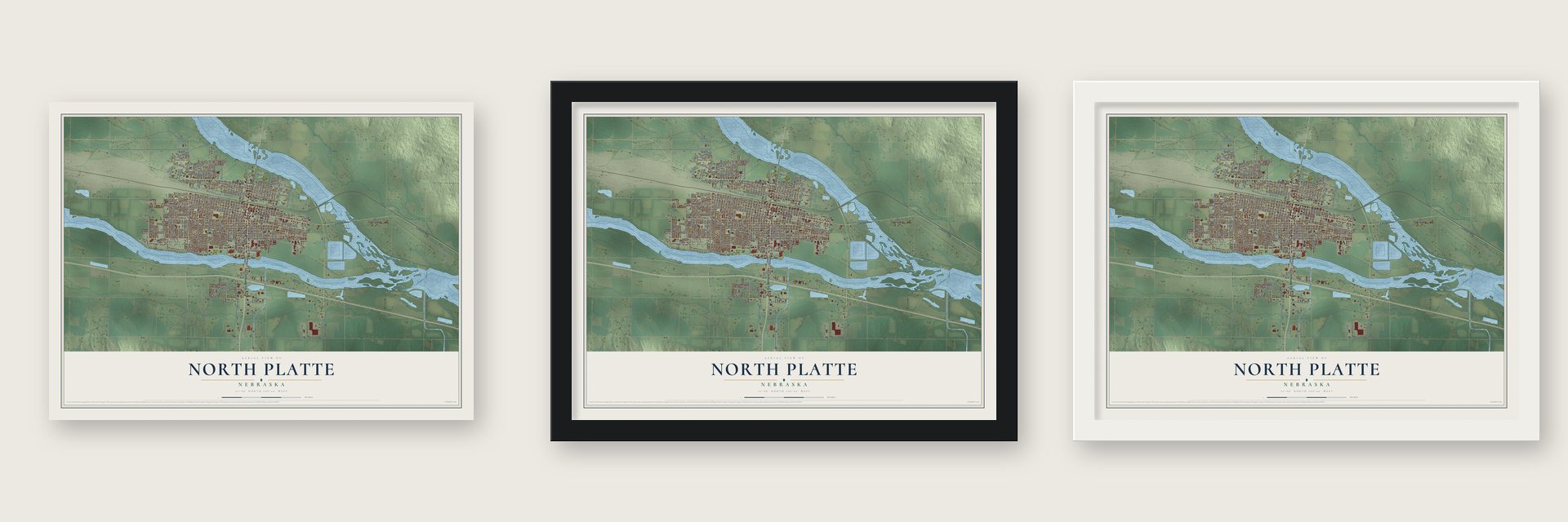 North Platte, Nebraska map unframed, in a black wood frame and in a white wood frame