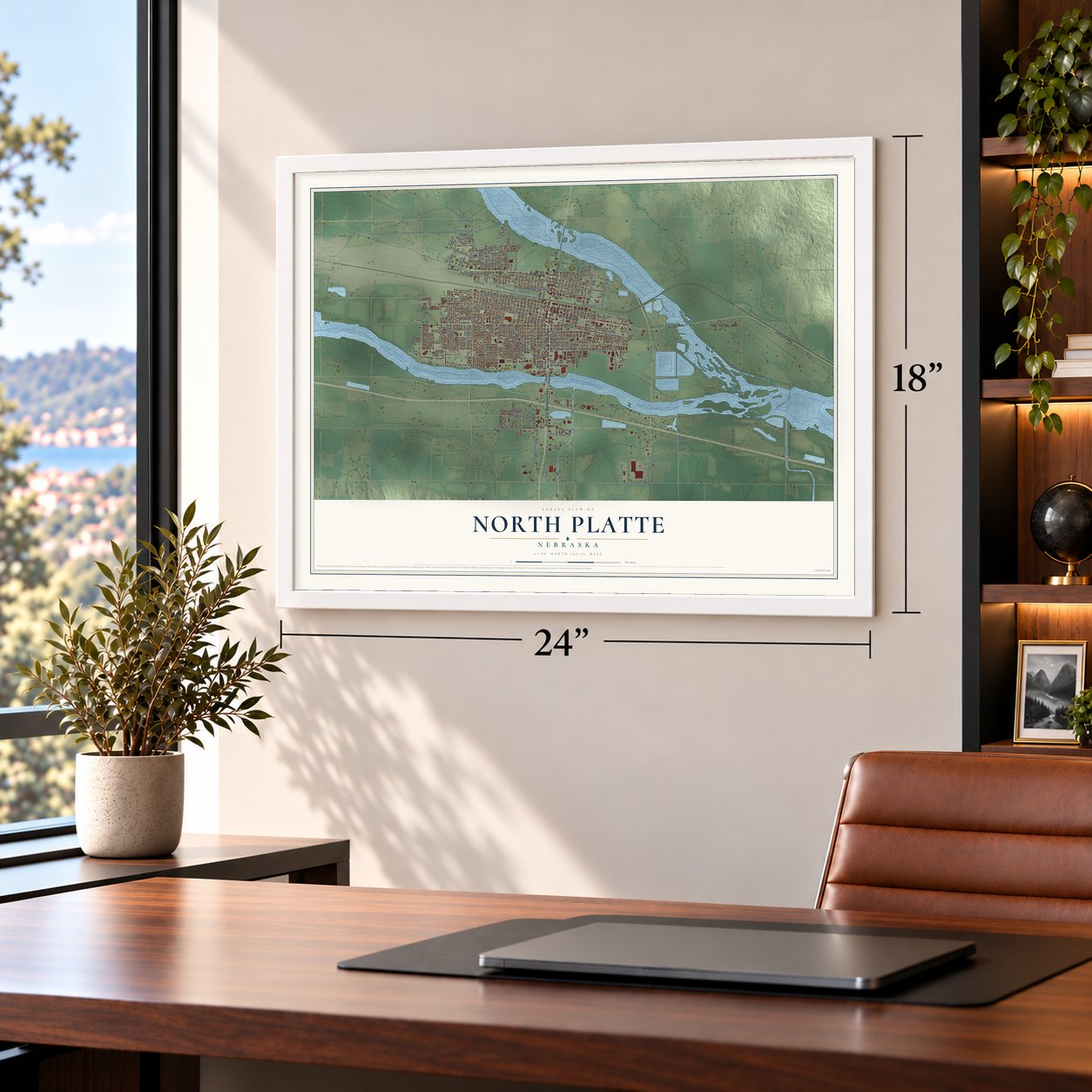 North Platte, Nebraska map, 18 x 24 inch print in a white frame in a home office