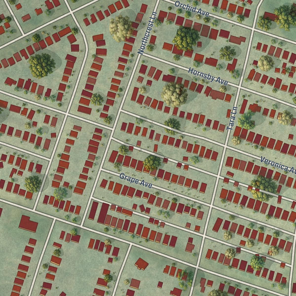 Second close-up of the map of North Pointe, Missouri print showing more streets and buildings