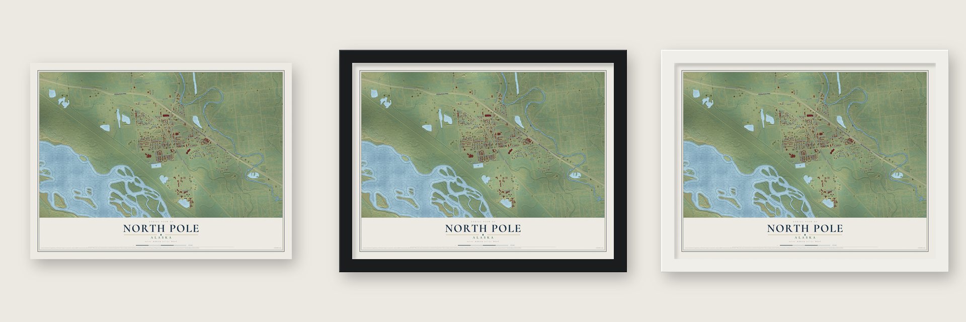 North Pole, Alaska map unframed, in a black wood frame and in a white wood frame