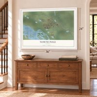 North Pole, Alaska map, 24 x 36 inch print in a white frame above a dresser by a staircase