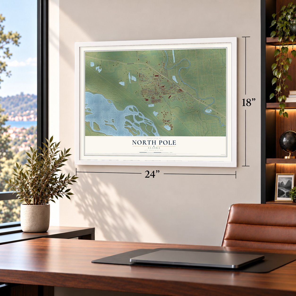North Pole, Alaska map, 18 x 24 inch print in a white frame in a home office