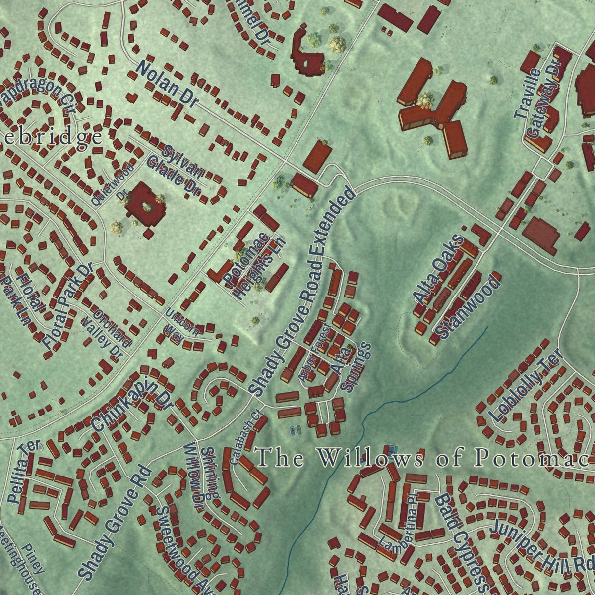 Second close-up of the map of North Potomac, Maryland print showing more streets and buildings
