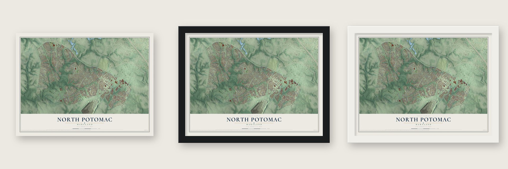 North Potomac, Maryland map unframed, in a black wood frame and in a white wood frame