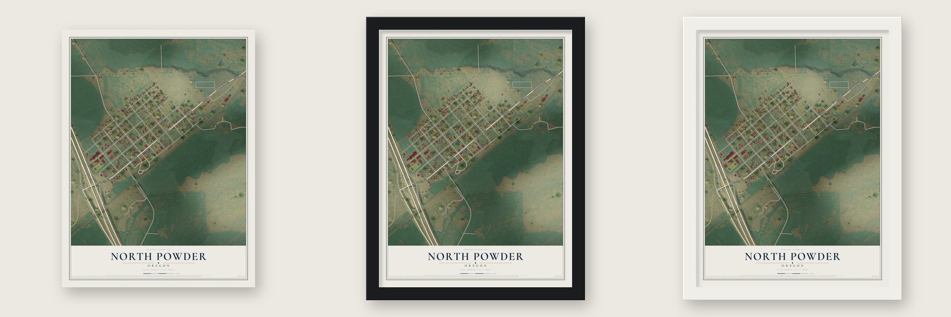 North Powder, Oregon map unframed, in a black wood frame and in a white wood frame