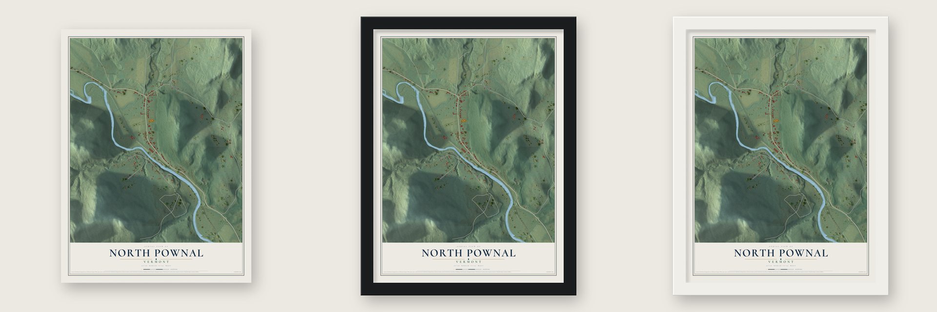 North Pownal, Vermont map unframed, in a black wood frame and in a white wood frame
