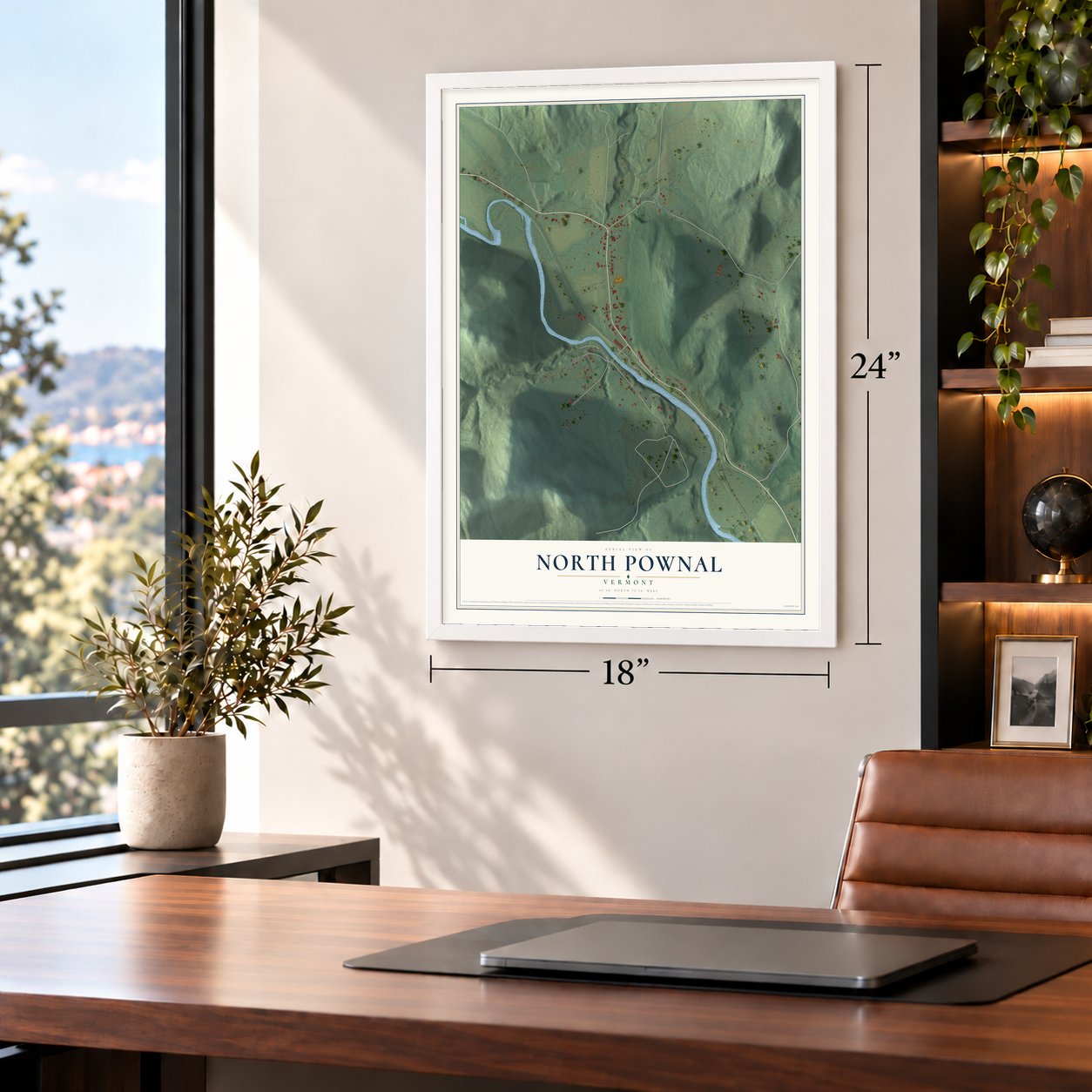 North Pownal, Vermont map, 18 x 24 inch print in a white frame in a home office