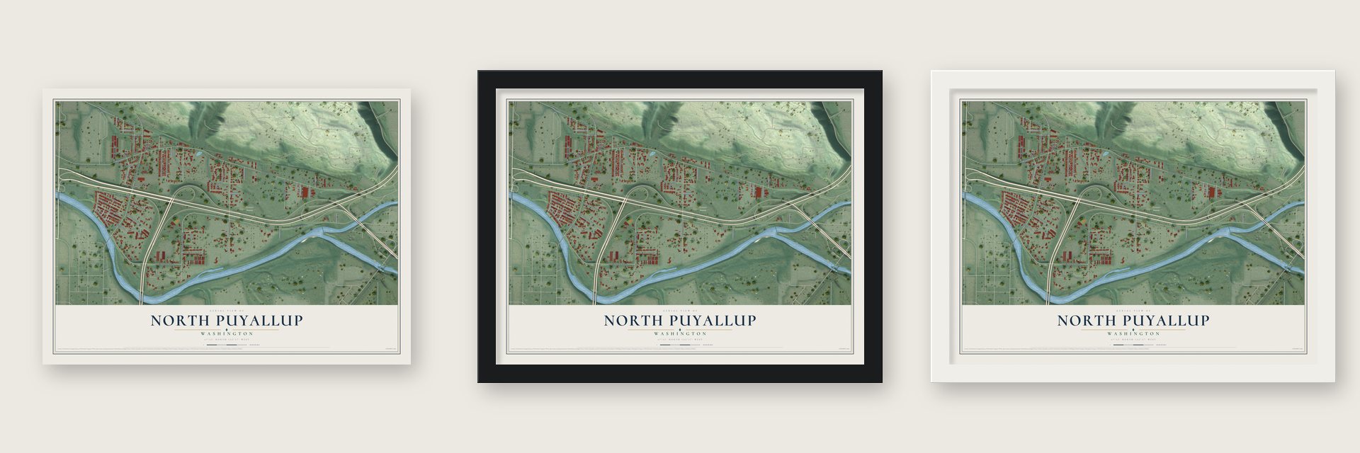 North Puyallup, Washington map unframed, in a black wood frame and in a white wood frame