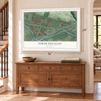 North Puyallup, Washington map, 24 x 36 inch print in a white frame above a dresser by a staircase