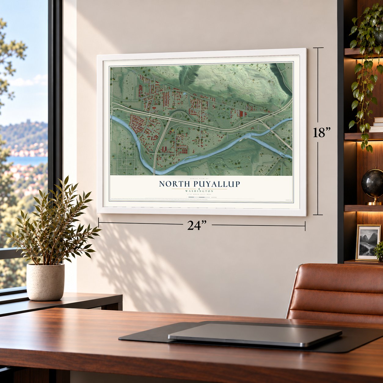North Puyallup, Washington map, 18 x 24 inch print in a white frame in a home office