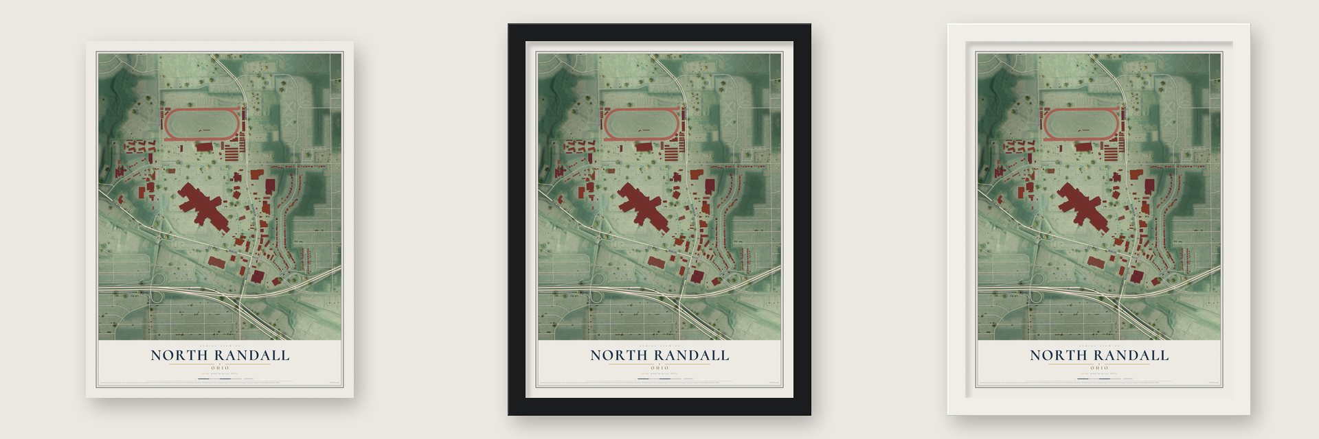 North Randall, Ohio map unframed, in a black wood frame and in a white wood frame