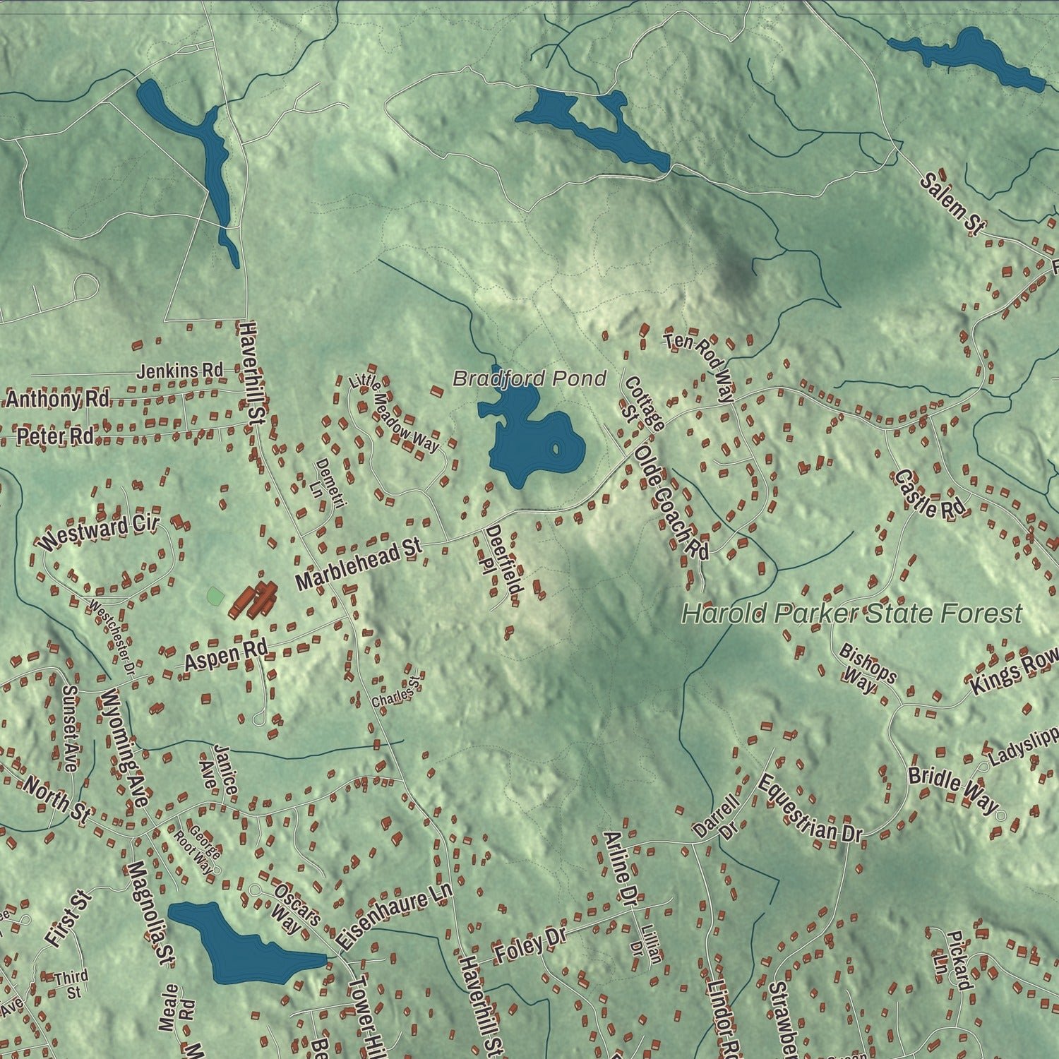 Close-up of the map of North Reading, Massachusetts print showing terrain and local geography