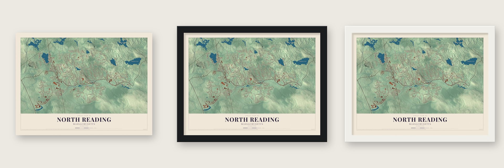 North Reading, Massachusetts map unframed, in a black wood frame and in a white wood frame