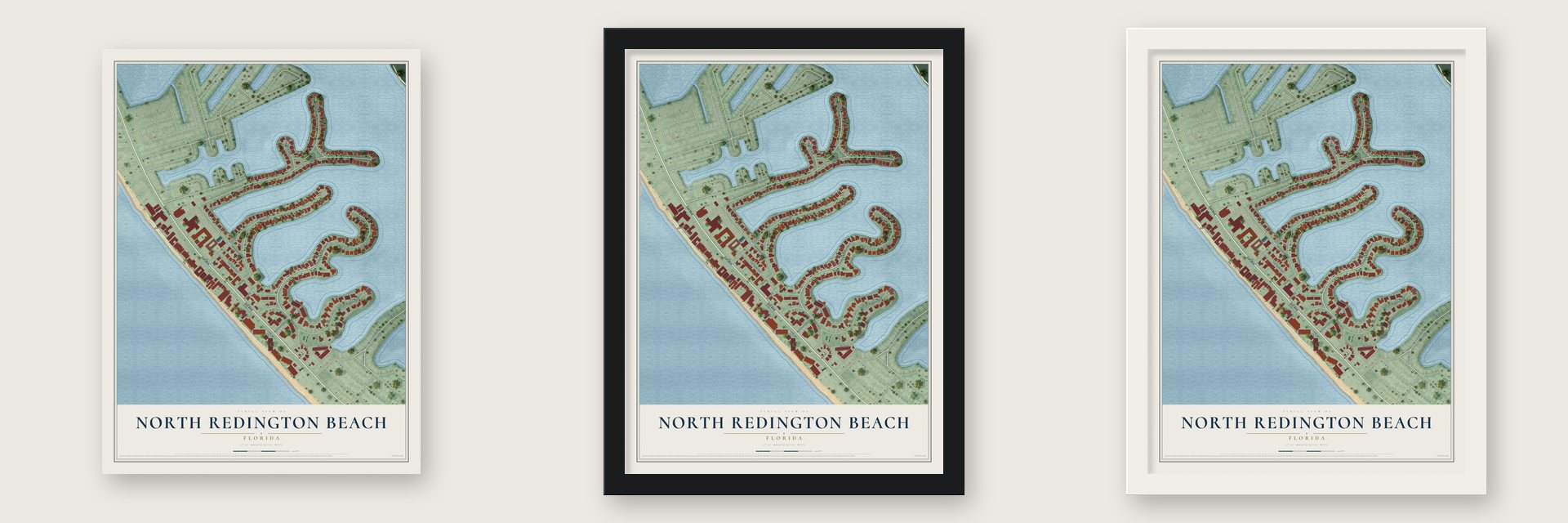 North Redington Beach, Florida map unframed, in a black wood frame and in a white wood frame