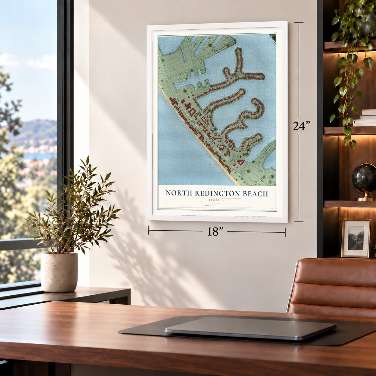 North Redington Beach, Florida map, 18 x 24 inch print in a white frame in a home office