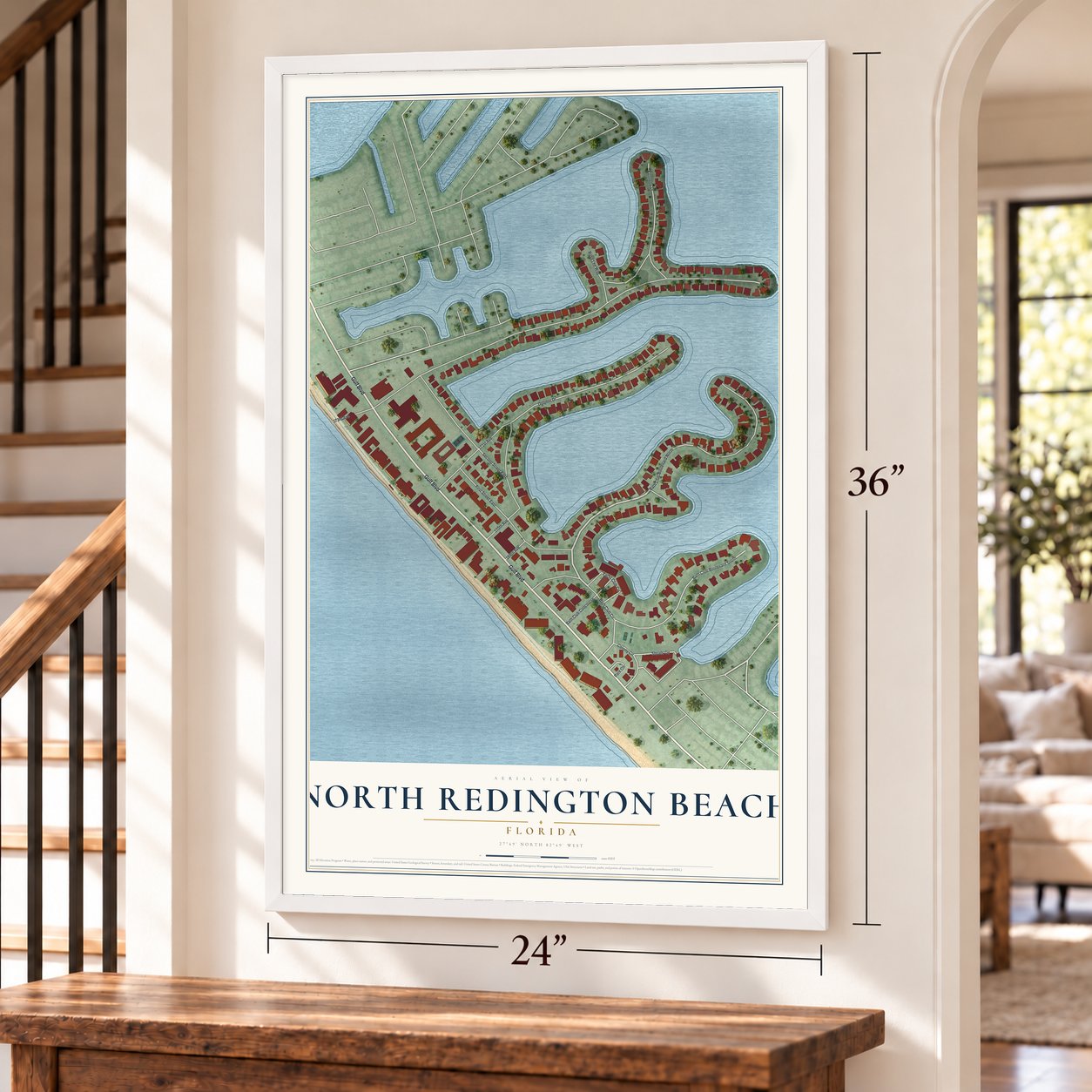 North Redington Beach, Florida map, 24 x 36 inch print in a white frame by a staircase