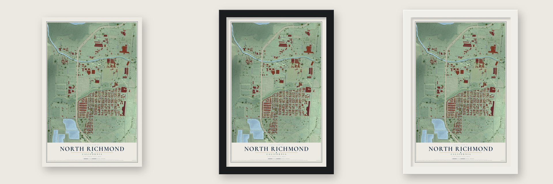 North Richmond, California map unframed, in a black wood frame and in a white wood frame