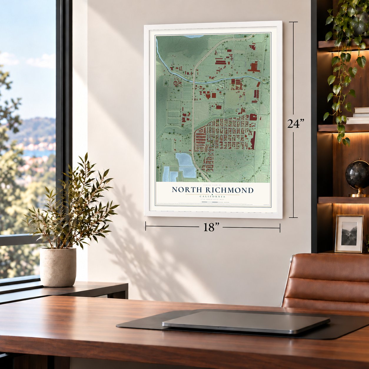 North Richmond, California map, 18 x 24 inch print in a white frame in a home office