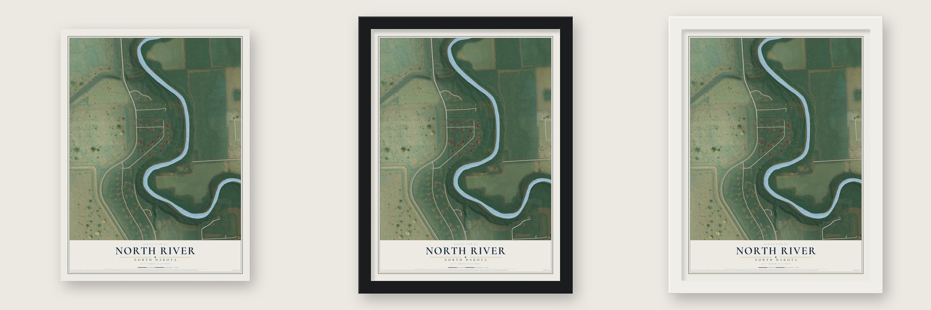 North River, North Dakota map unframed, in a black wood frame and in a white wood frame