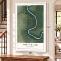 North River, North Dakota map, 24 x 36 inch print in a white frame by a staircase