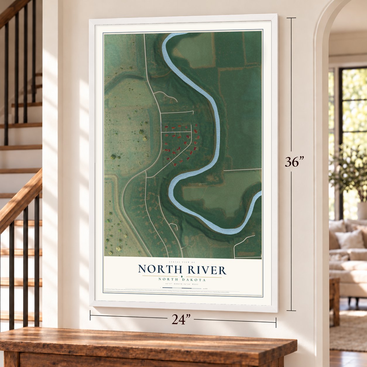 North River, North Dakota map, 24 x 36 inch print in a white frame by a staircase