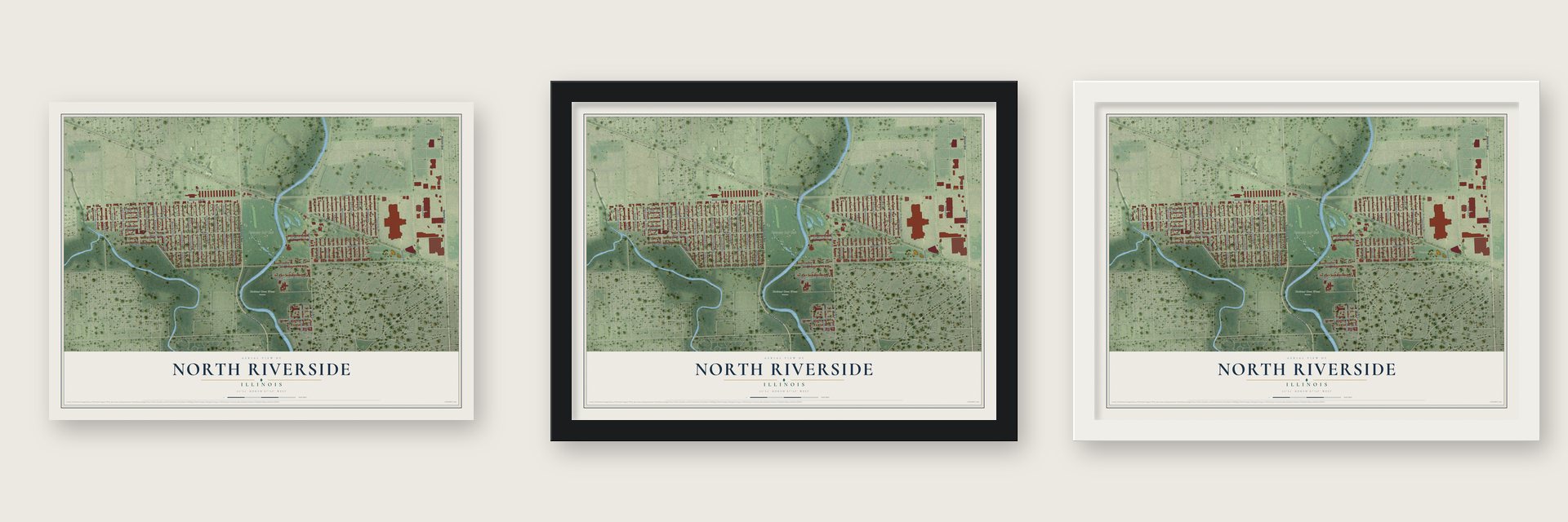 North Riverside, Illinois map unframed, in a black wood frame and in a white wood frame