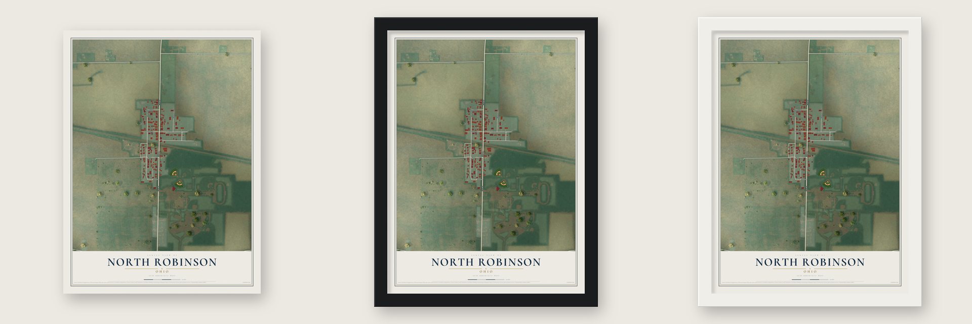 North Robinson, Ohio map unframed, in a black wood frame and in a white wood frame