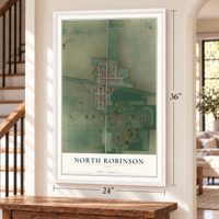 North Robinson, Ohio map, 24 x 36 inch print in a white frame by a staircase