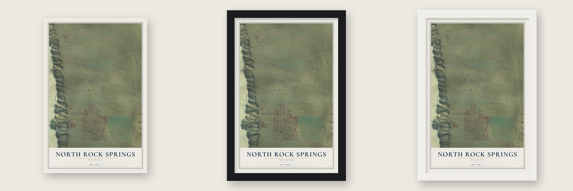 North Rock Springs, Wyoming map unframed, in a black wood frame and in a white wood frame