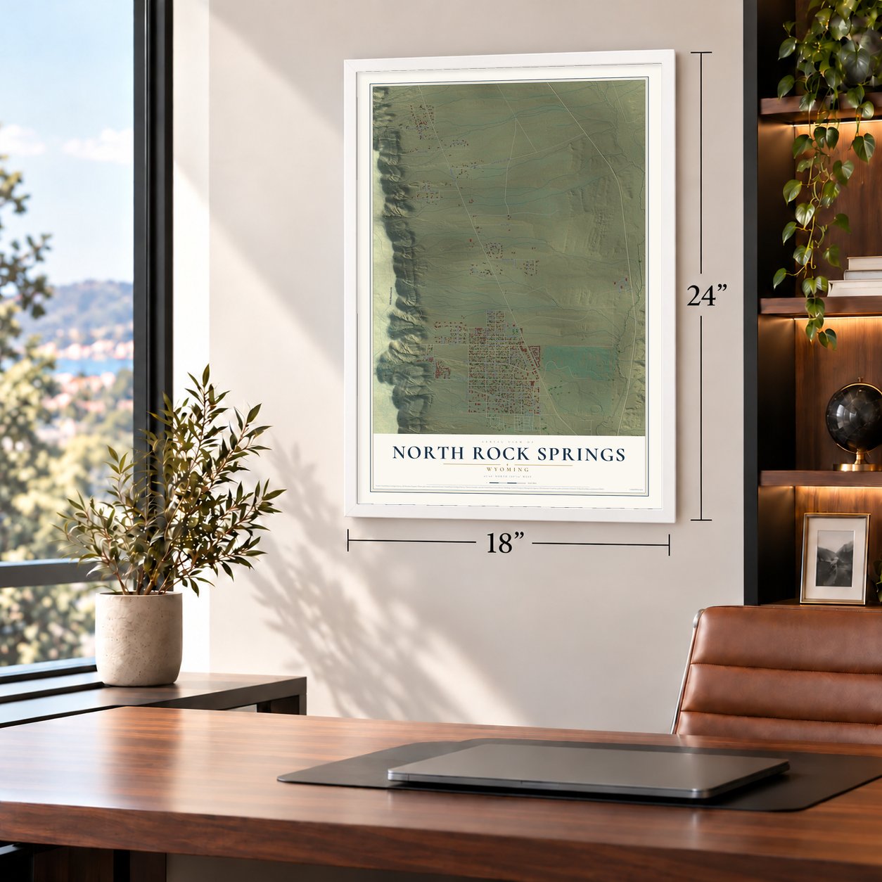North Rock Springs, Wyoming map, 18 x 24 inch print in a white frame in a home office