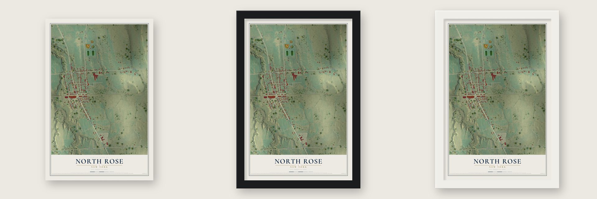 North Rose, New York map unframed, in a black wood frame and in a white wood frame