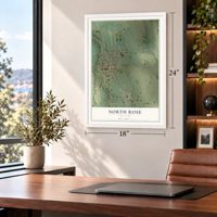 North Rose, New York map, 18 x 24 inch print in a white frame in a home office