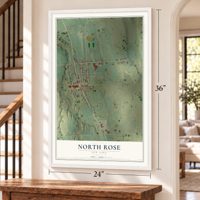 North Rose, New York map, 24 x 36 inch print in a white frame by a staircase