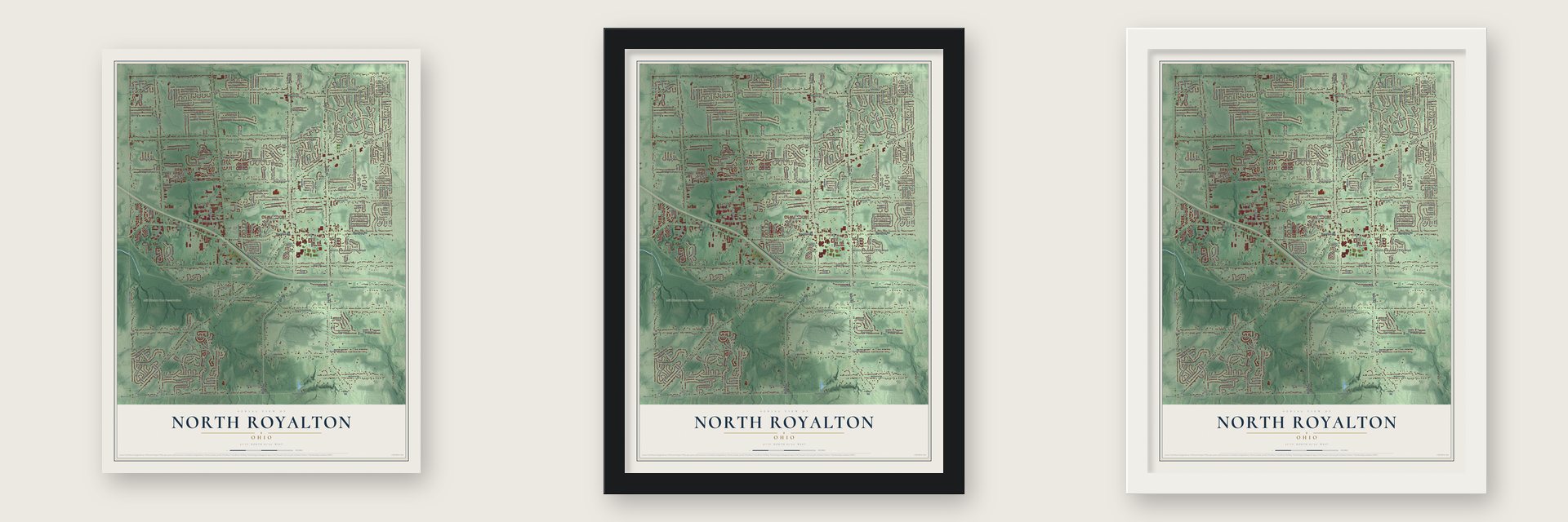 North Royalton, Ohio map unframed, in a black wood frame and in a white wood frame