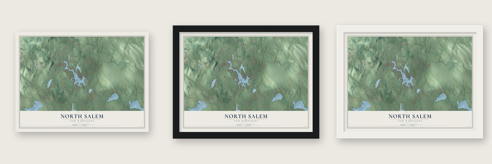 North Salem, New Hampshire map unframed, in a black wood frame and in a white wood frame